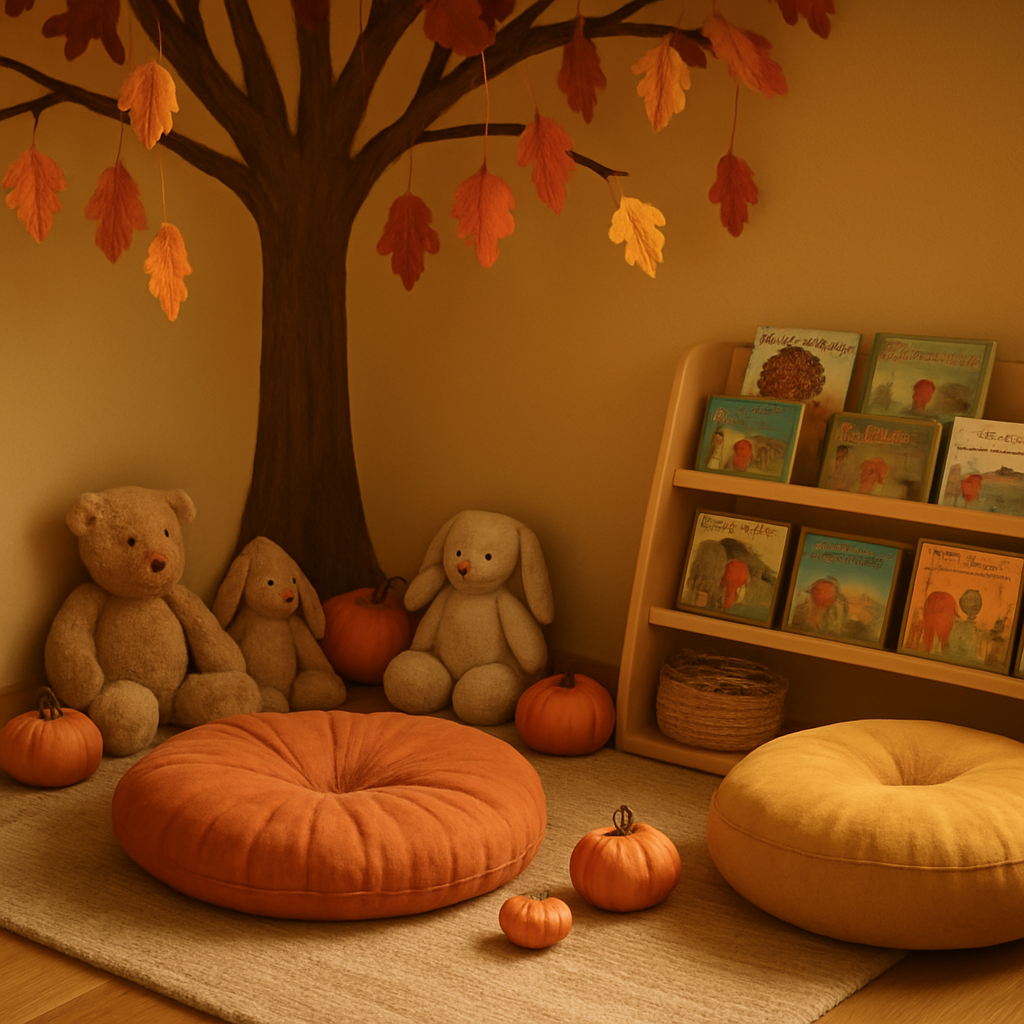 A cozy, warmly decorated children's reading and play nook with soft toys, cushions, and books