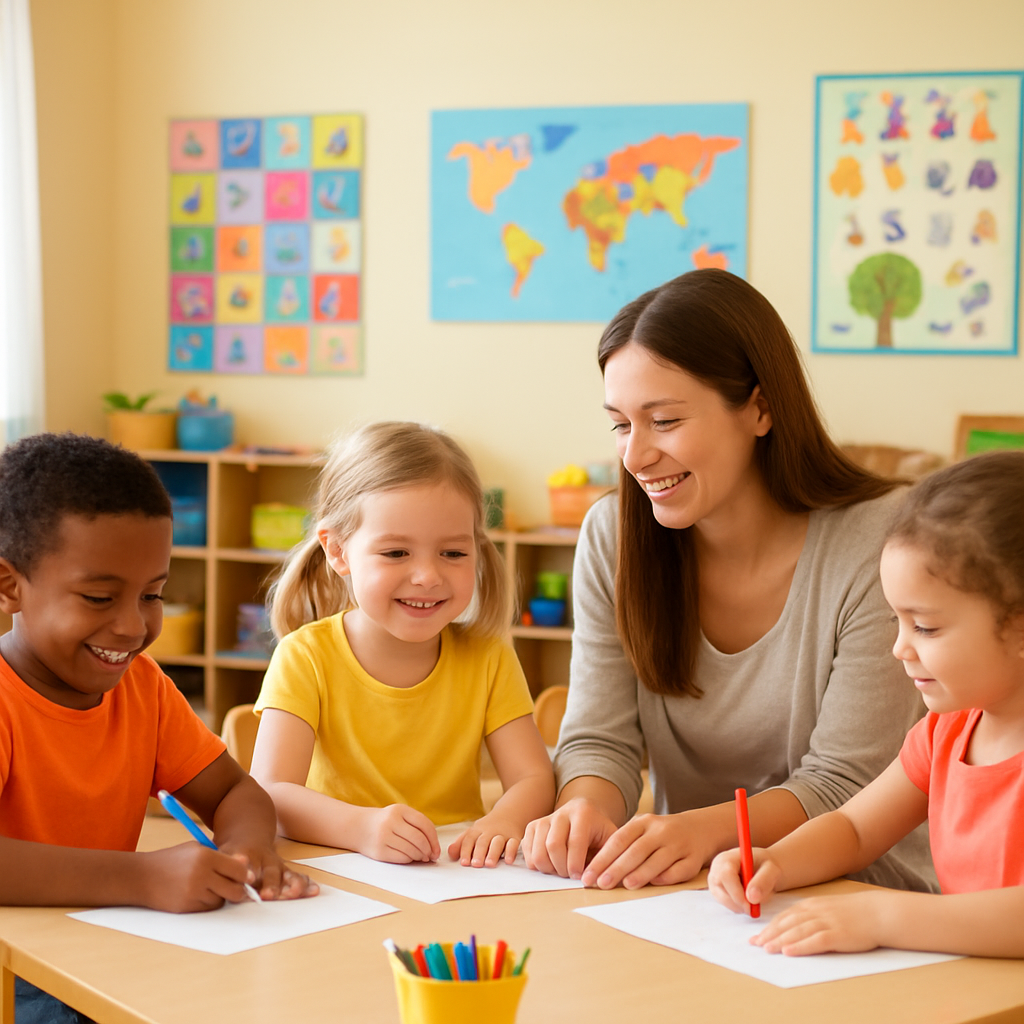Children learning in a bright classroom